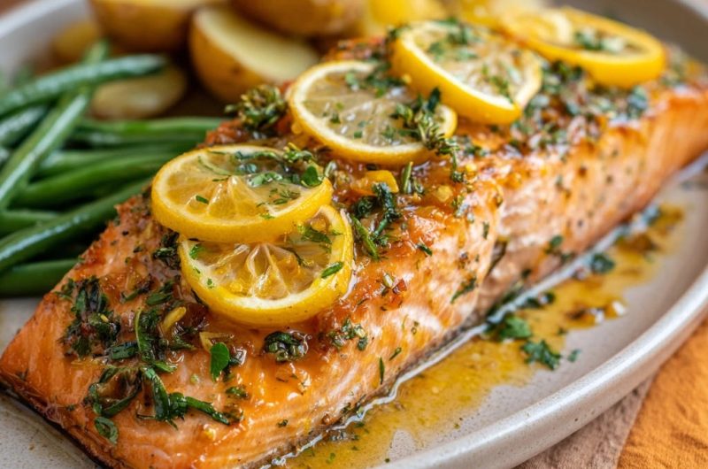 Saftiger Zitronen-Kräuter-Lachs mit Ofenkartoffeln und grünen Bohnen