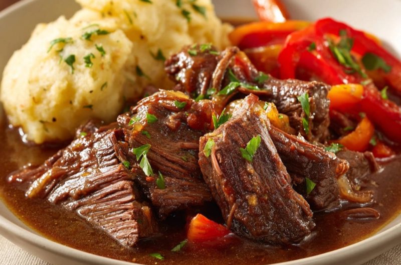 Zartes Rindfleisch-Schmorgericht mit Paprika und cremigem Püree