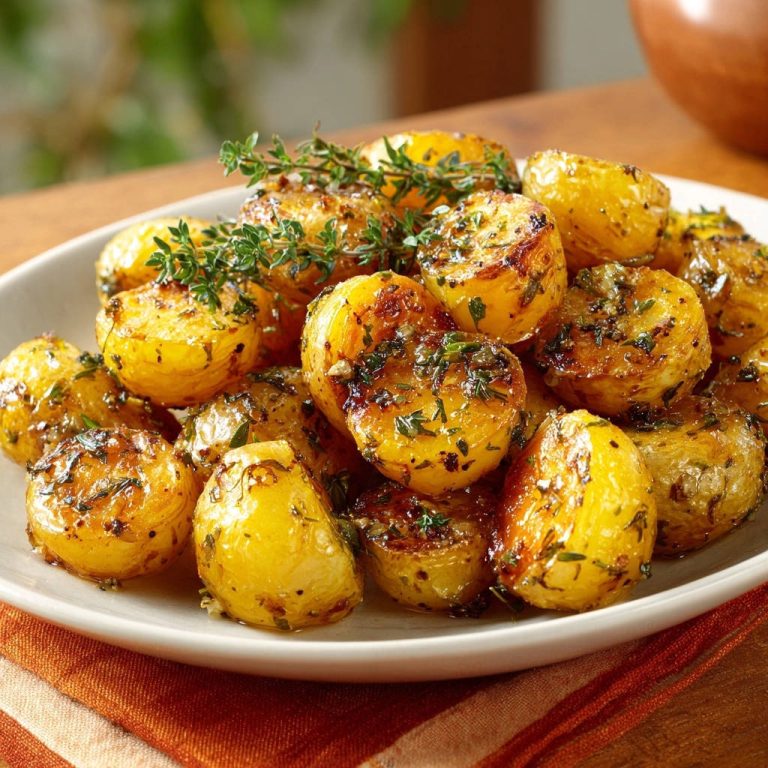 Aromatische Babykartoffeln aus dem Ofen, serviert in einer weißen Schale, mit frischen Kräutern garniert und von oben betrachtet.