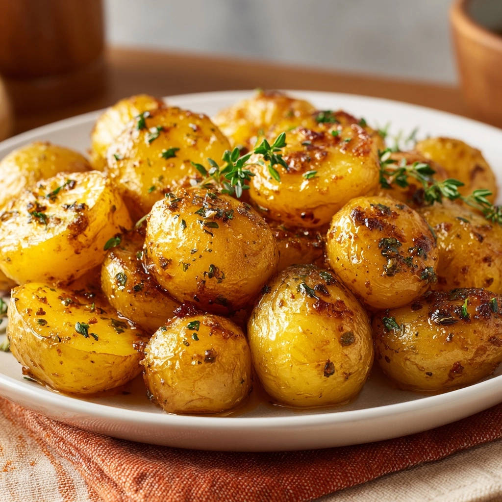 Aromatische Babykartoffeln aus dem Ofen, serviert auf einem weißen Teller, sind goldbraun und mit frischen Kräutern garniert.