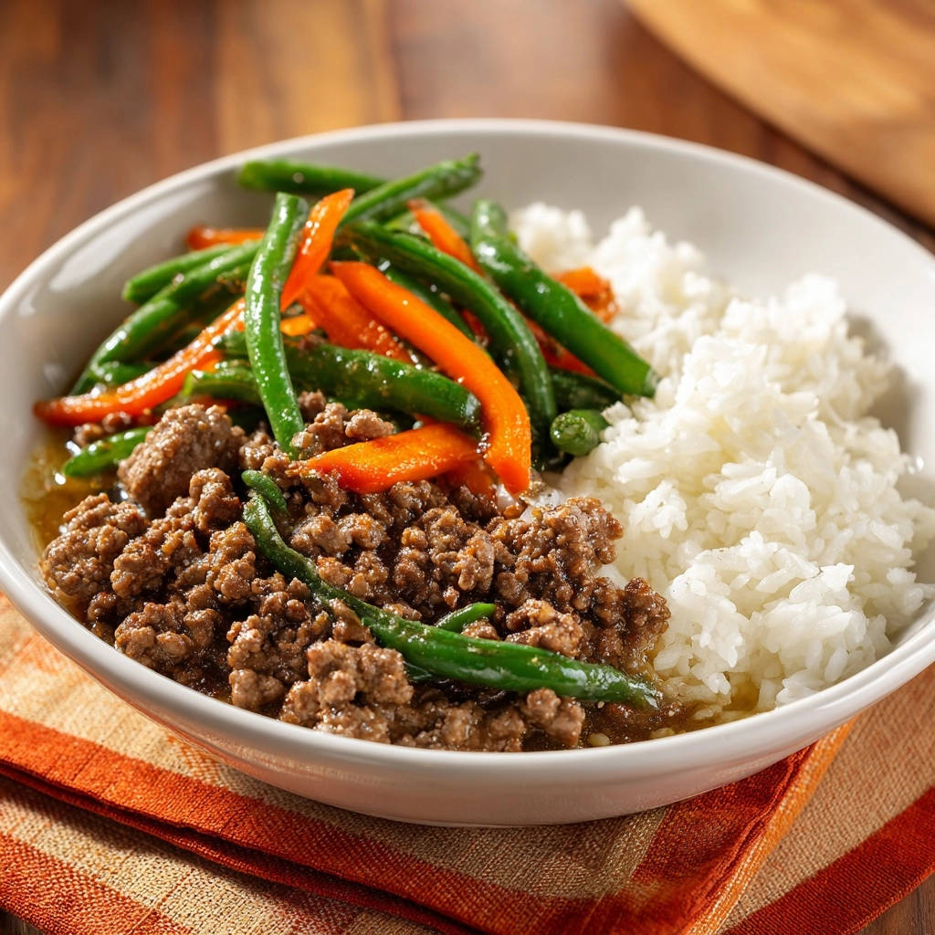 Asiatische Hackfleisch Bowl Mit Reis Und Gemuese Serviert 1 Asiatische Hackfleisch-Bowl mit Reis und Gemüse serviert in einer weißen Schüssel. Das Gericht besteht aus Hackfleisch, Reis, grünen Bohnen und Karotten.