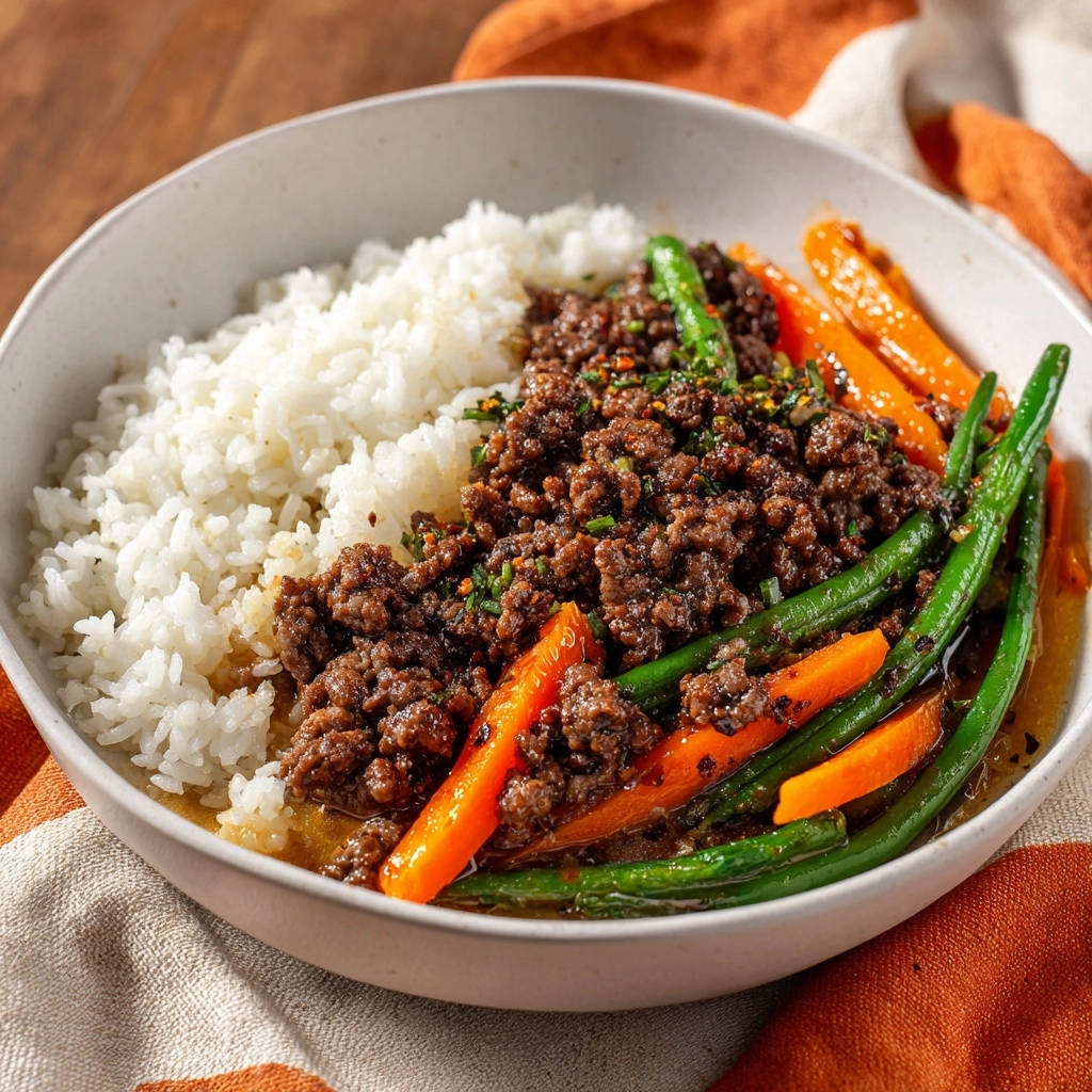 Asiatische Hackfleisch-Bowl mit Reis und Gemüse serviert in einer Schüssel. Die Hackfleisch-Bowl wird mit frisch gekochtem Reis und Gemüse serviert.