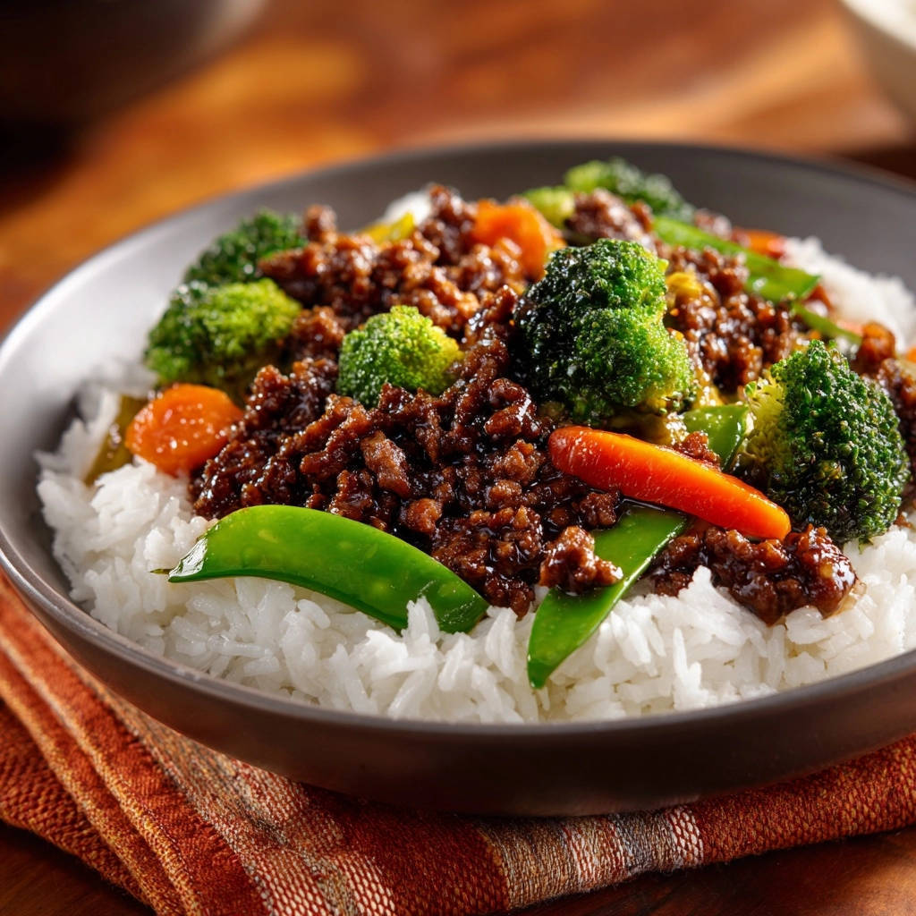 Asiatische Hackfleischpfanne mit Gemüse und Reis serviert in einer tiefen Schüssel, mit knusprigem Hackfleisch und frischem Gemüse.