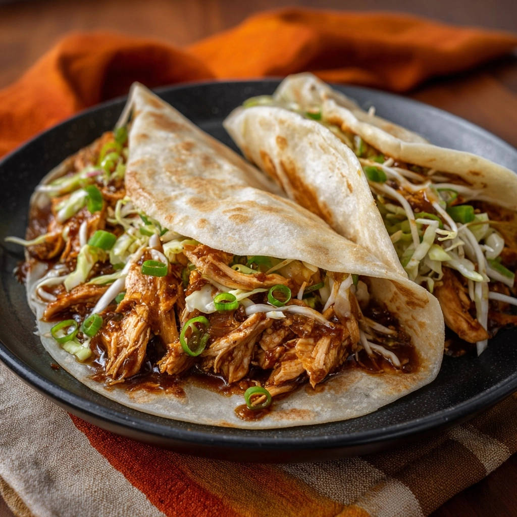 Asiatische Haehnchen Wraps Serviert 1 Asiatische Hähnchen-Wraps auf einem Teller serviert, gefüllt mit saftigem Hähnchen und frischem Krautsalat, bereit zum Genießen.