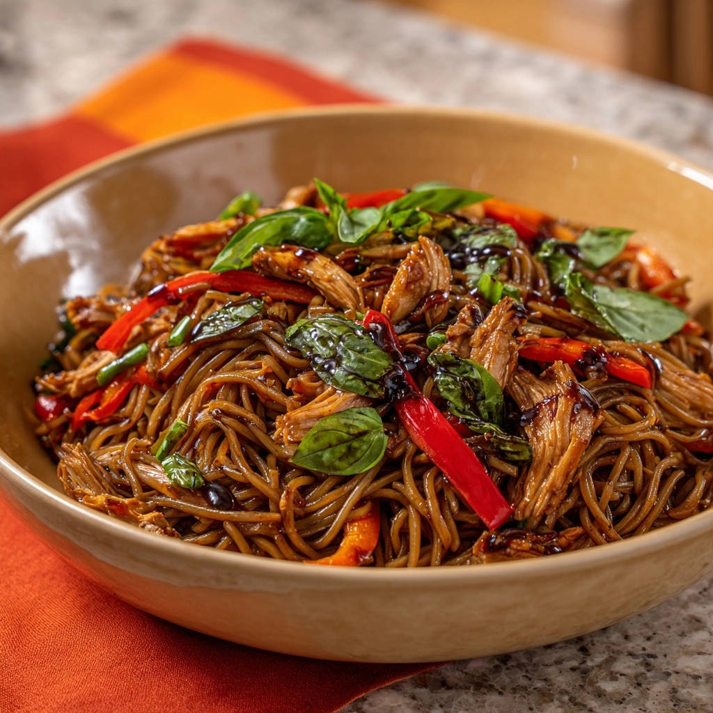 Asiatische Hähnchen-Nudeln mit Paprika in einer Schüssel aus der Vogelperspektive, mit frischem Basilikum garniert und mit Soße beträufelt.