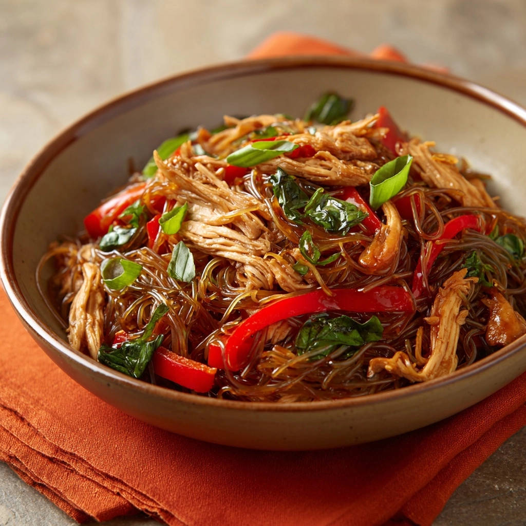 Asiatische Hahnchen Nudeln Nahaufnahme 1 Asiatische Hähnchen-Nudeln mit Paprika und Basilikum in Nahaufnahme, serviert in einer rustikalen Schüssel auf einem orangefarbenen Tischtuch.