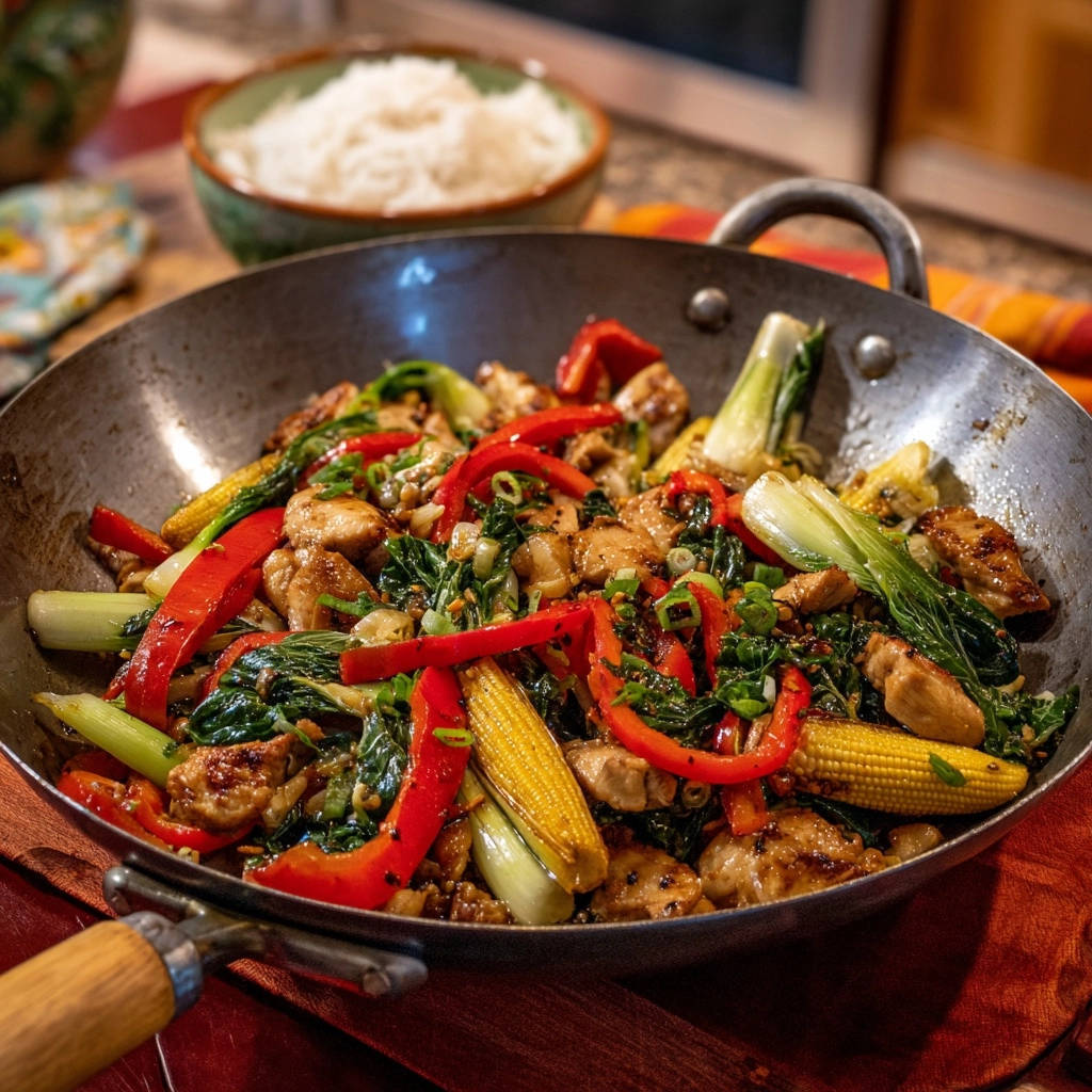 Asiatisches Hähnchen-Wok mit buntem Gemüse in der Draufsicht, mit knackigem Gemüse und saftigem Hähnchen in einer Pfanne angerichtet.
