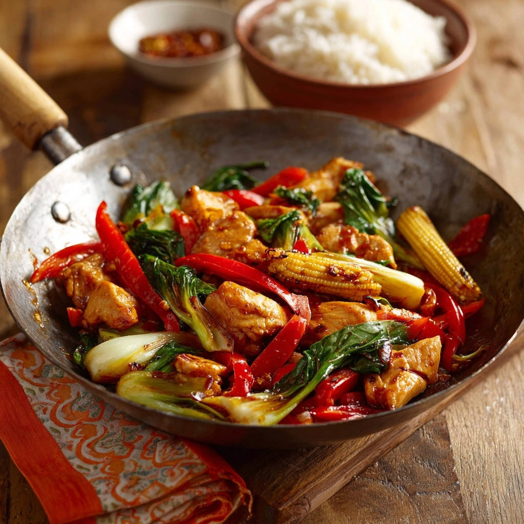 Asiatisches Huhn Wok Gemuese Draufsicht 1 Asiatisches Hähnchen-Wok mit buntem Gemüse in der Draufsicht, serviert mit Reis und Chili im Hintergrund, bereit zum Genießen.