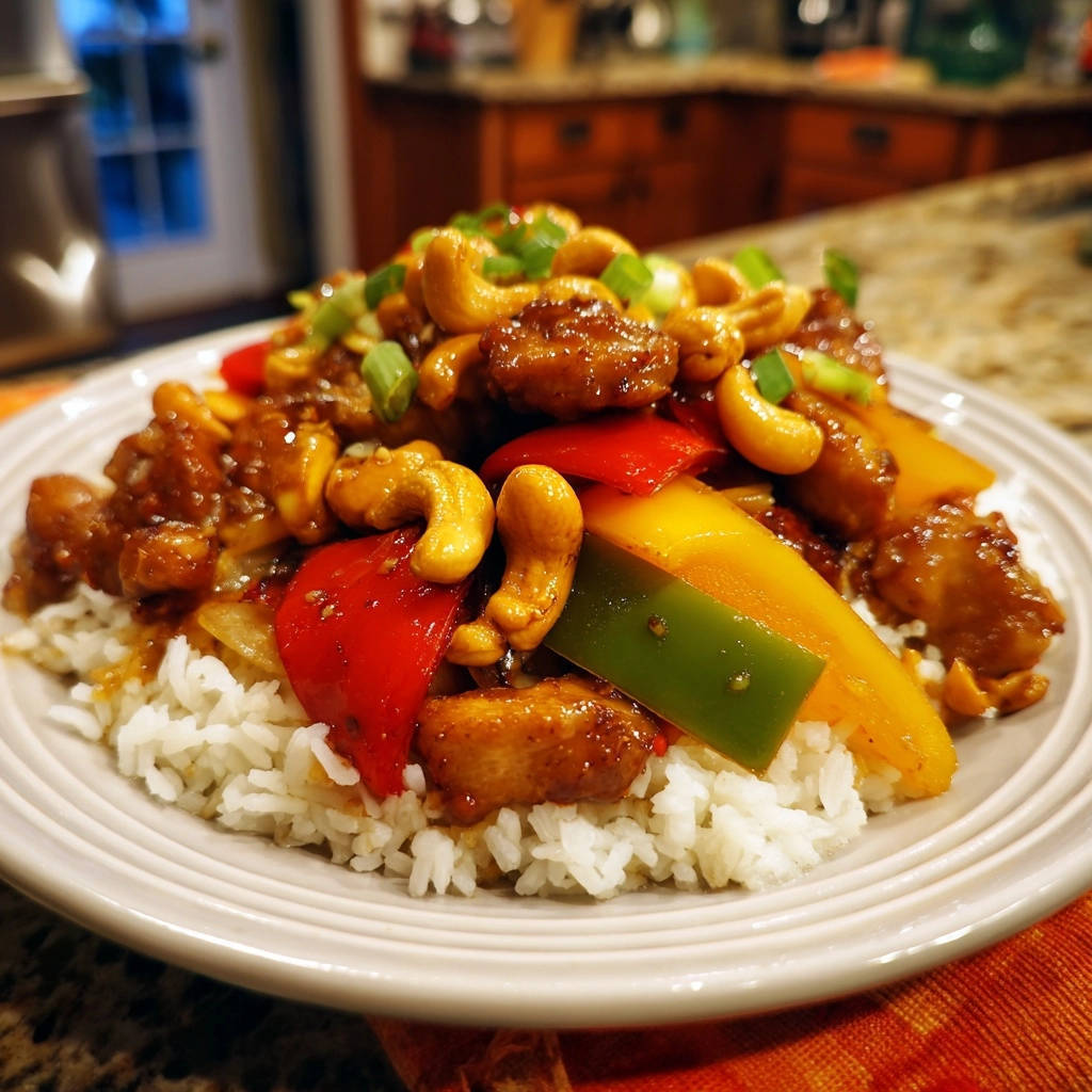 Cashew Huhn Auf Teller Mit Reis 1 Cashew-Hähnchen mit Reis wird auf einem Teller mit roten und gelben Paprikastreifen und Cashewkernen serviert.