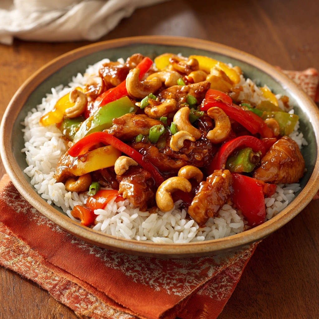 Cashew-Hähnchen mit Reis, eine Nahaufnahme des Gerichts mit Paprika, Cashewkernen und Frühlingszwiebeln auf Reis.