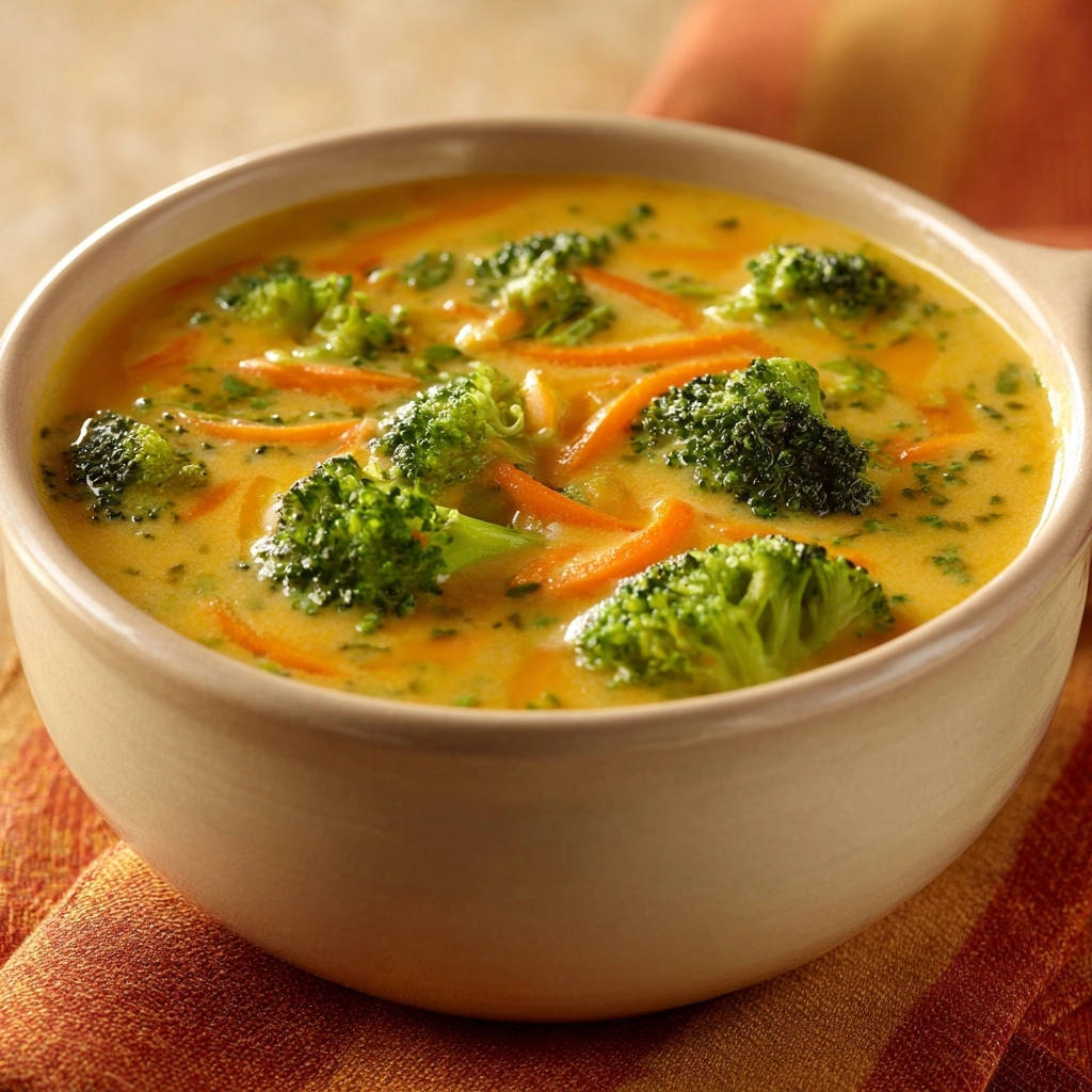 Cremige Brokkoli-Karotten-Suppe in einer Schüssel von oben gesehen, mit frischem Brokkoli und Karottenstreifen in cremiger, goldfarbener Brühe.