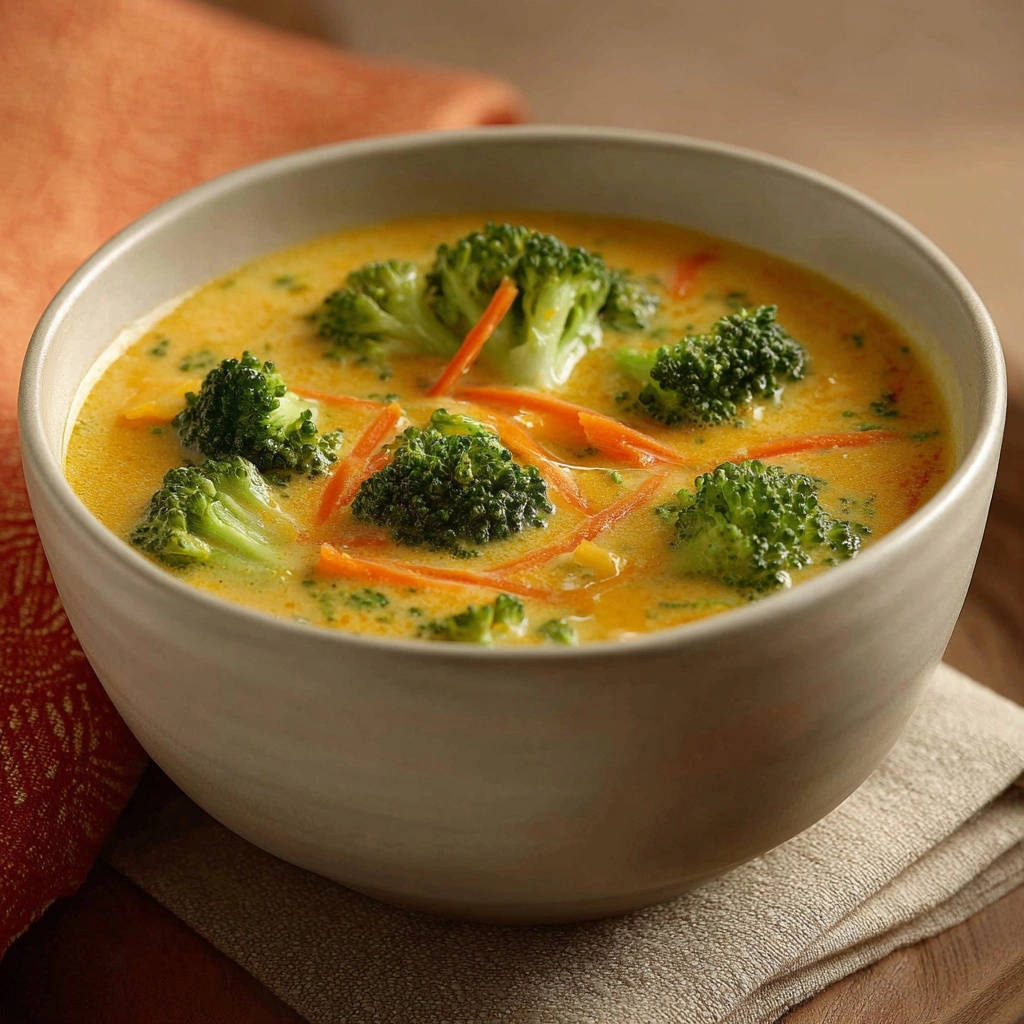 Cremige Brokkoli Karotten Suppe Nahaufnahme 1 Cremige Brokkoli-Karotten-Suppe in einer Nahaufnahme, die die frischen Brokkoli-Röschen und die Karottenstreifen in der cremigen Suppe zeigt.