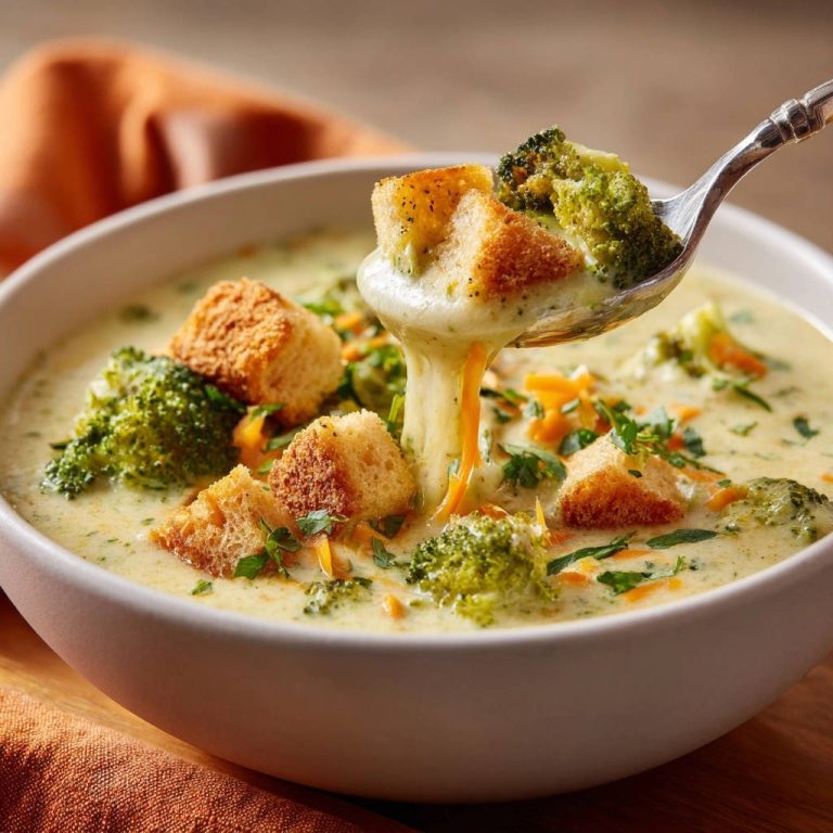 Cremige Brokkoli-Käse-Suppe: Ein Löffel voller cremiger Suppe mit Brokkoli und Käse, der appetitlich vom Löffel herabfließt.