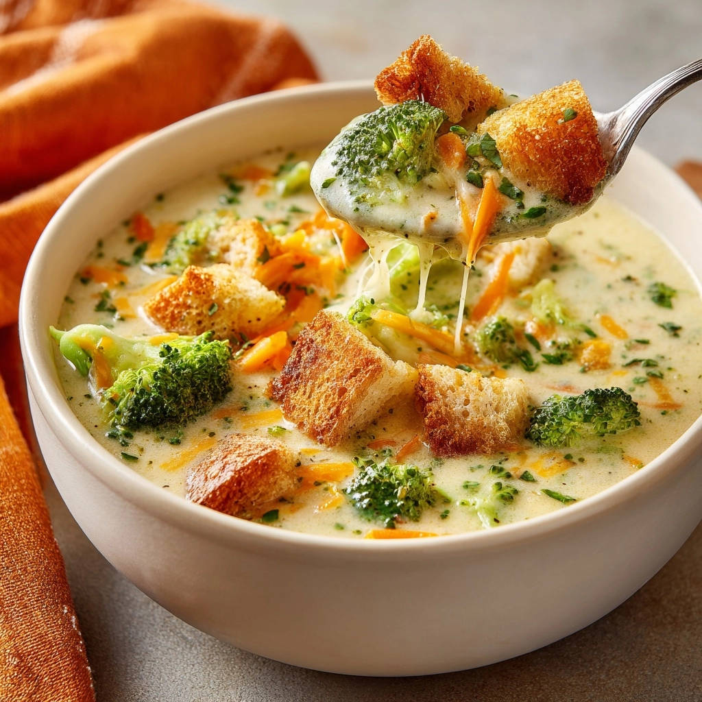 Cremige Brokkoli-Käse-Suppe in Nahaufnahme: Ein Löffel voller cremiger Suppe mit Croutons und geschmolzenem Käse.