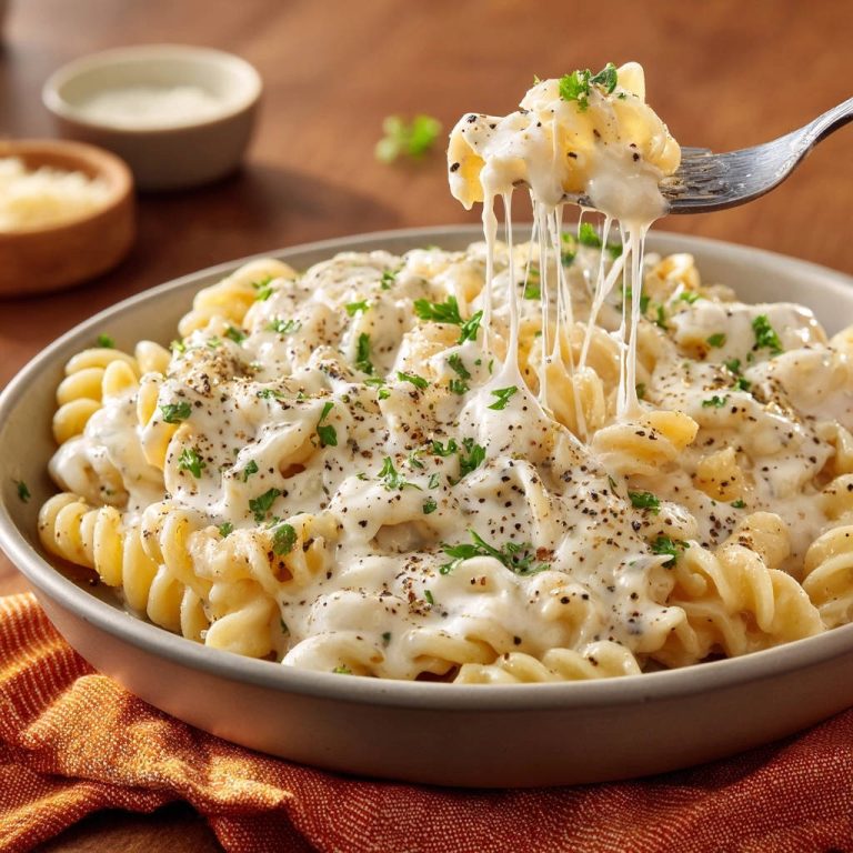 Cremige Fusilli in Käsesauce mit geschmolzenem Käse, der sich auf einer Gabel dehnt, serviert in einer Schüssel. Ein köstliches Nudelgericht, perfekt zubereitet.