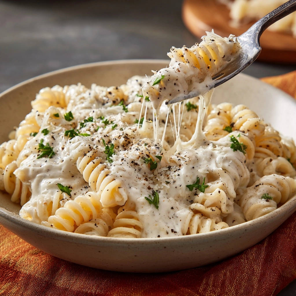 Cremige Fusilli Kaesesauce Nahaufnahme Kaesefaden 1 Cremige Fusilli in Käsesauce in Nahaufnahme, wobei sich der Käse beim Anheben der Gabel zu langen Fäden zieht. Der cremige Nudelteller ist mit frischer Petersilie bestreut.