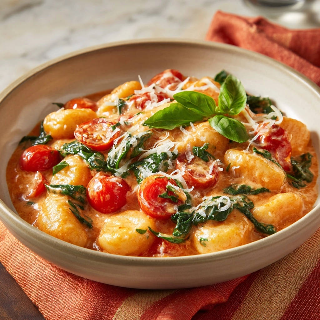 Cremige Gnocchi Mit Tomaten Spinat Serviert 1 Cremige Gnocchi mit Tomaten und Spinat, serviert in einer cremigen Sauce, garniert mit frischem Basilikum und geriebenem Käse.