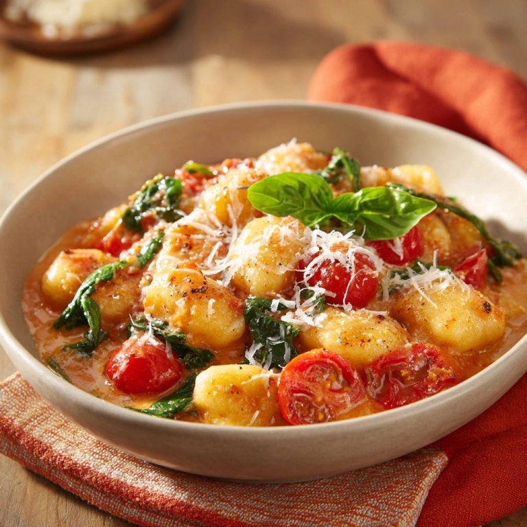 Cremige Gnocchi mit Tomaten und Spinat serviert in einer cremigen Soße, garniert mit frischem Basilikum und geriebenem Käse.