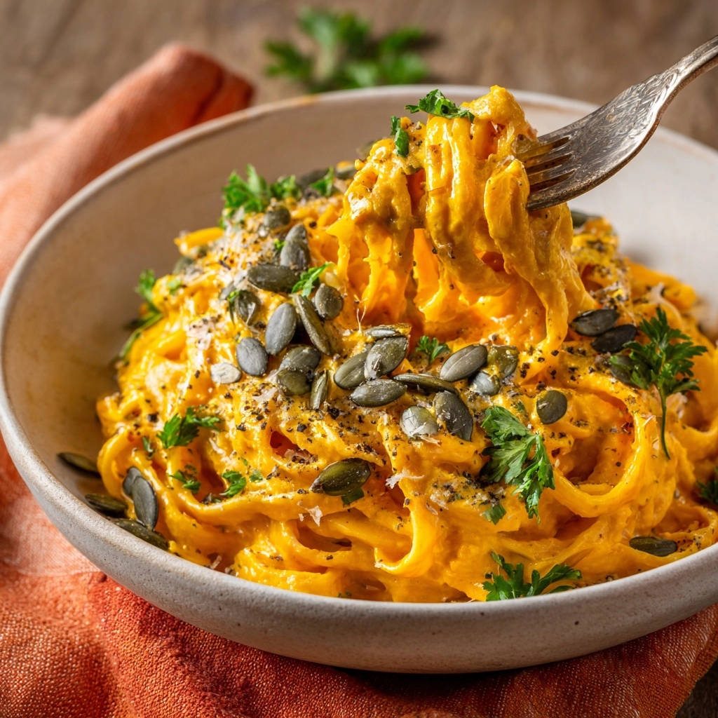 Cremige Kürbis-Pasta mit perfekt haftender Soße, serviert in einer Schüssel. Eine Gabel hebt eine Portion, appetitlich angerichtet mit Kürbiskernen.