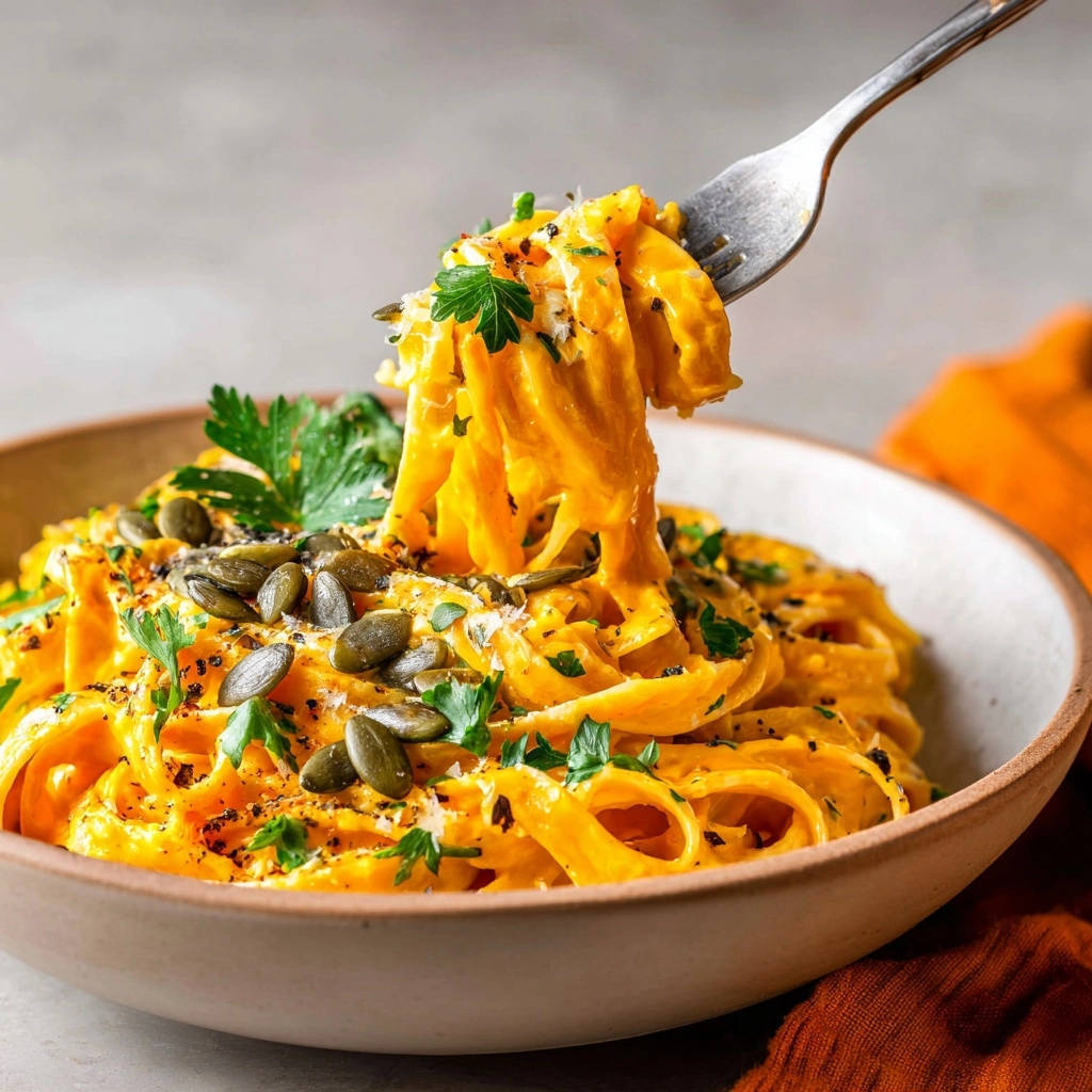 Cremige Kürbis-Pasta in Nahaufnahme: Die cremige Soße haftet perfekt an den Nudeln, garniert mit Kürbiskernen und Kräutern.