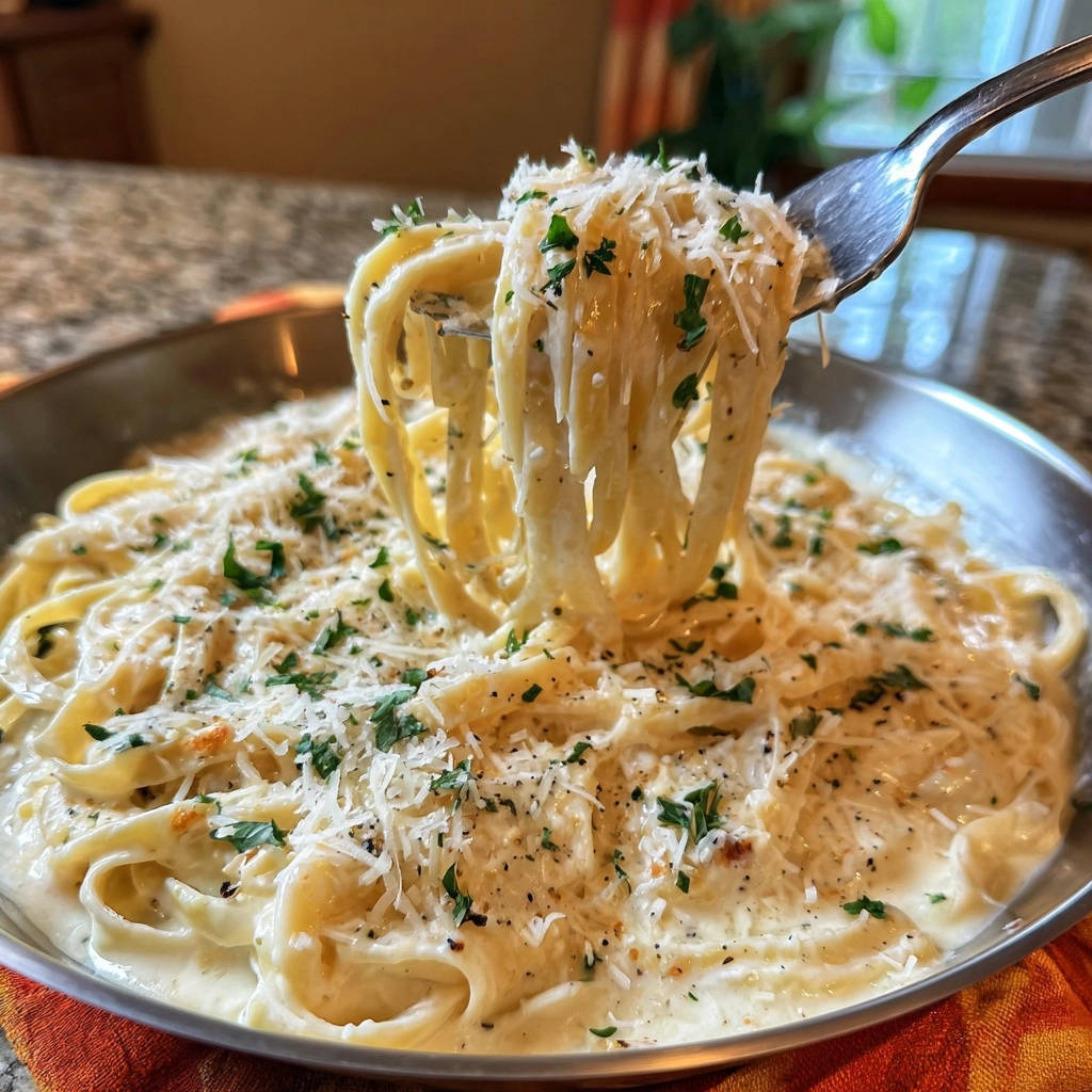 Cremige Parmesan-Pasta, serviert auf einer Gabel, zeigt die cremige Soße und die frisch geriebenen Parmesan-Flocken.