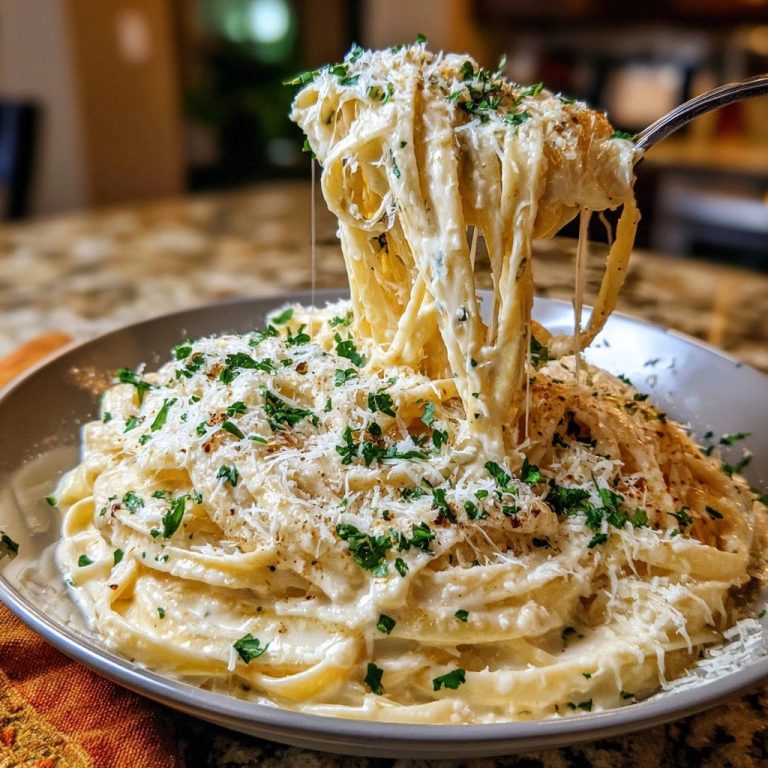 Cremige Parmesan-Pasta, serviert und auf einer Gabel gehalten, zeigt die cremige Soße und frisch geriebenen Parmesan.