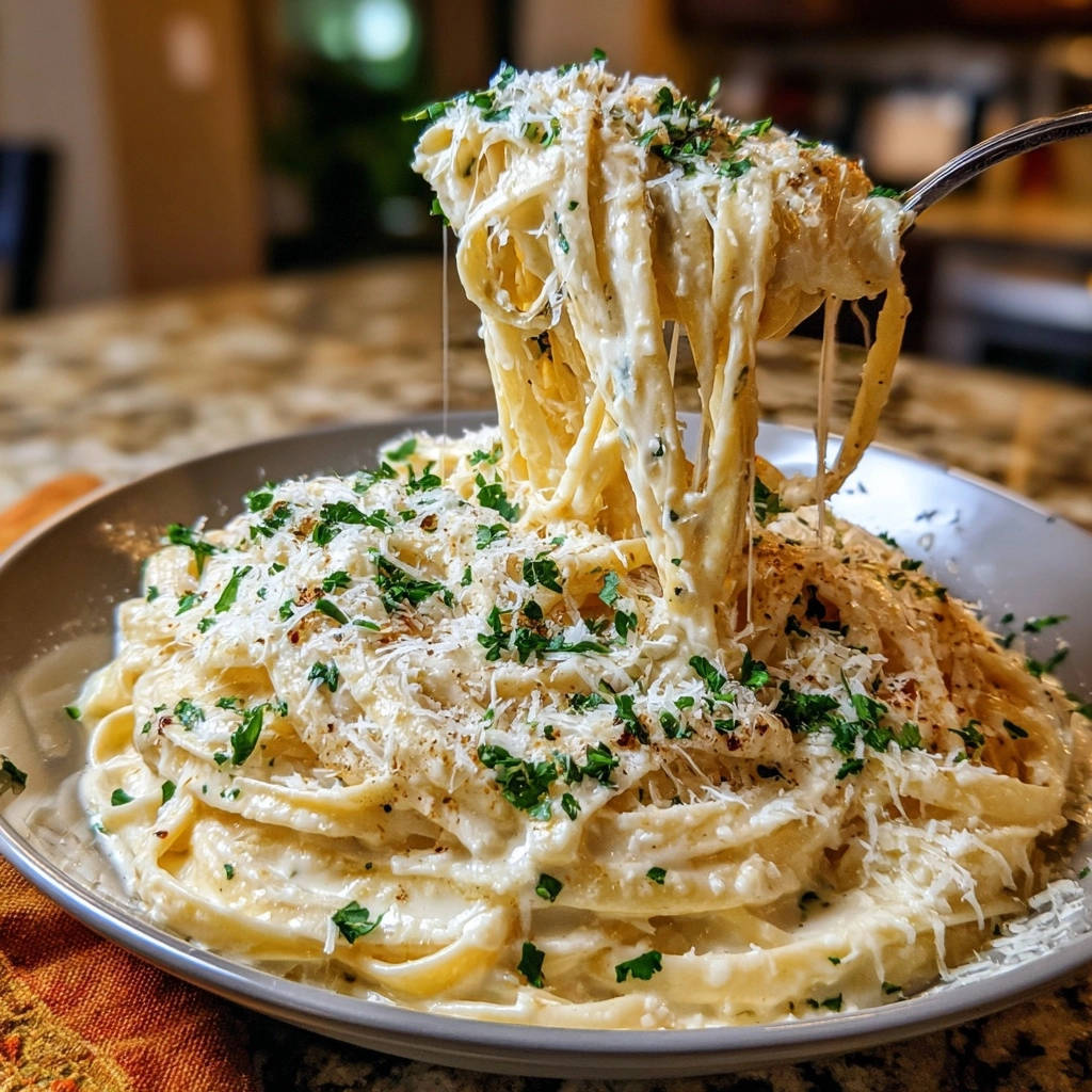 Cremige Parmesan-Pasta, serviert und auf einer Gabel gehalten, zeigt die cremige Soße und frisch geriebenen Parmesan.