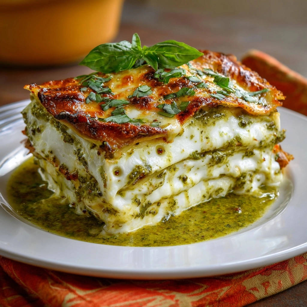 Cremige Pesto Lasagne Querschnitt 1 Cremige Pesto-Lasagne in Nahaufnahme: Ein saftiger Querschnitt zeigt die geschichteten Nudelplatten, cremigen Käse und das grüne Pesto.