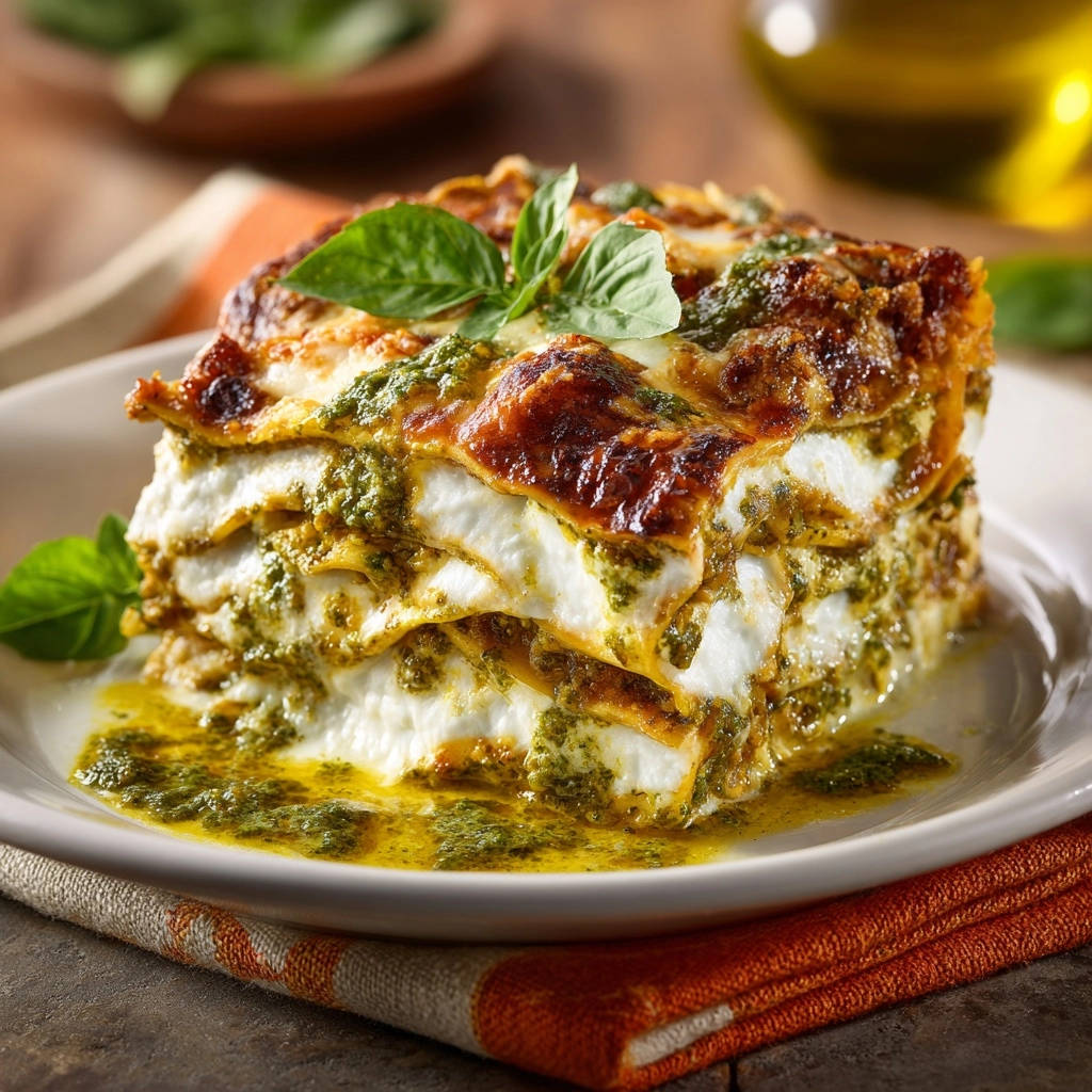 Cremige Pesto-Lasagne mit einem köstlichen Querschnitt, der die geschichteten Nudeln und die cremige Füllung zeigt, serviert auf einem Teller.