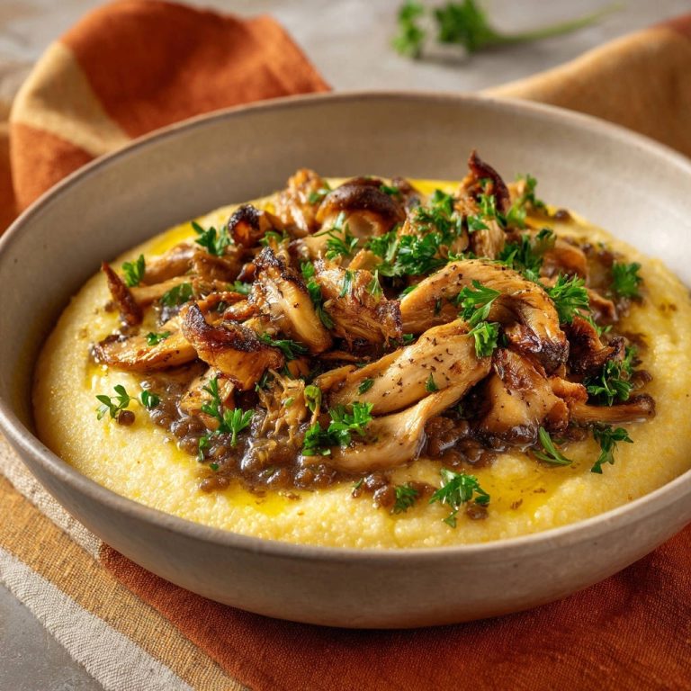 Cremige Polenta mit gebratenen Pilzen und Kräuter-Linsen-Ragout, serviert in einer rustikalen Schale, von oben betrachtet. Das Gericht ist mit frischer Petersilie garniert.