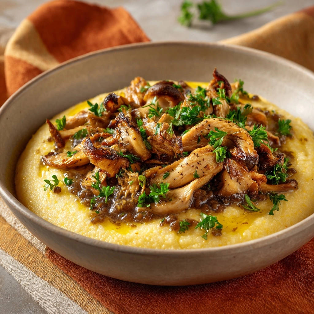 Cremige Polenta mit gebratenen Pilzen und Kräuter-Linsen-Ragout, serviert in einer rustikalen Schale, von oben betrachtet. Das Gericht ist mit frischer Petersilie garniert.