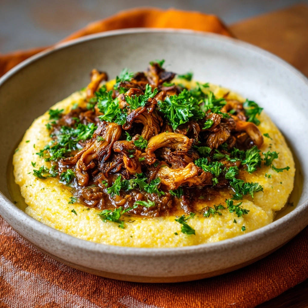 Cremige Polenta Mit Gebratenen Pilzen Draufsicht 1 Cremige Polenta mit gebratenen Pilzen & Kräuter-Linsen-Ragout in einer Schüssel, serviert und mit frischer Petersilie garniert. Ein köstliches vegetarisches Gericht.