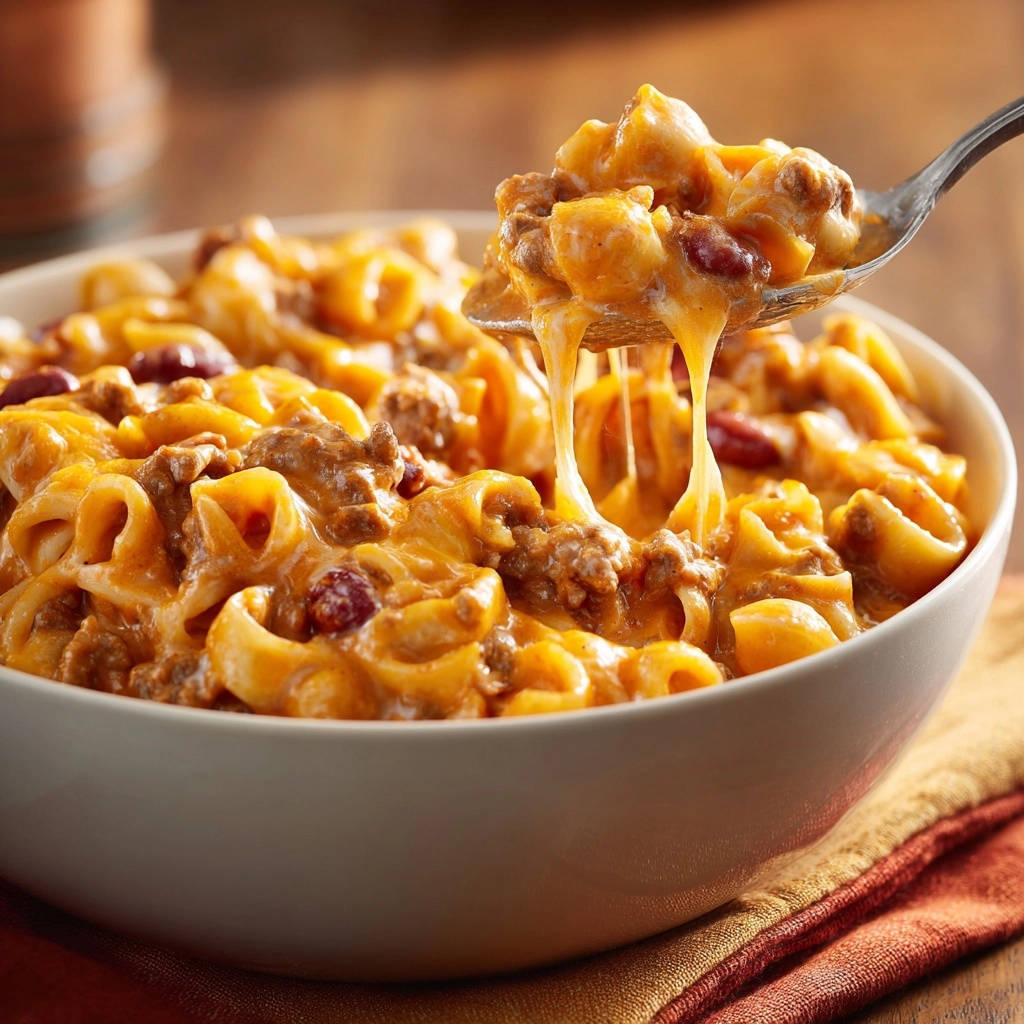 Cremige Rinderhack Pasta Mit Kidneybohnen Kaese Faden 1 Cremige Rinderhack-Pasta mit Kidneybohnen mit geschmolzenem Käse, der sich von einer Gabel zieht. Ein köstliches Gericht mit Hackfleisch und Nudeln.