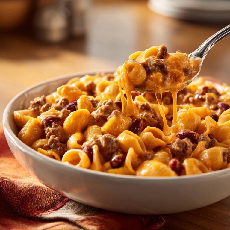 Cremige Rinderhack-Pasta mit Kidneybohnen mit geschmolzenem Käse, der sich von einer Gabel in die cremige Sauce zieht.