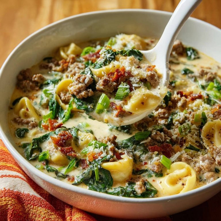 Cremige Tortellini-Hackfleisch-Suppe mit Spinat, serviert auf einem Löffel, zeigt die cremige Konsistenz und die frischen Zutaten.