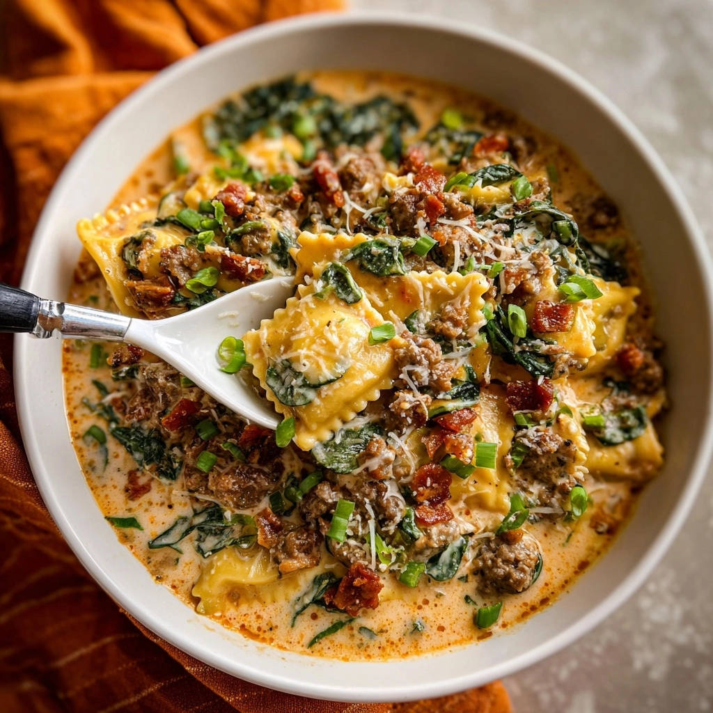 Cremige Tortellini-Hackfleisch-Suppe mit Spinat, serviert in einer cremigen Soße, garniert mit frischen Kräutern und Käse.