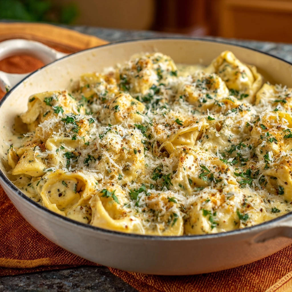 Cremige Tortellini in sämiger Käsesoße aus der Draufsicht, garniert mit frischer Petersilie und geriebenem Käse in der weißen Pfanne.