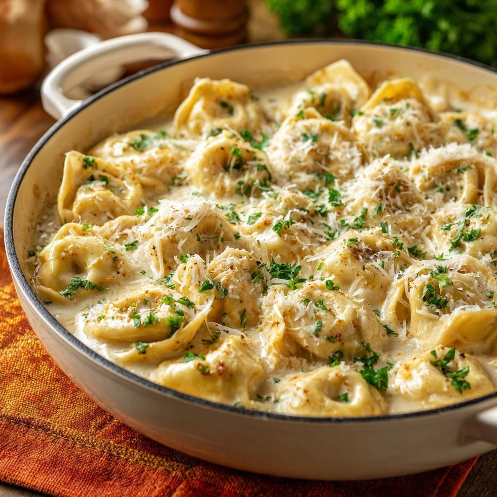 Cremige Tortellini Kaesesosse Nahaufnahme 1 Cremige Tortellini in sämiger Käsesoße in einer Nahaufnahme, garniert mit frischer Petersilie und geriebenem Käse. Dieses Gericht ist einfach unwiderstehlich!