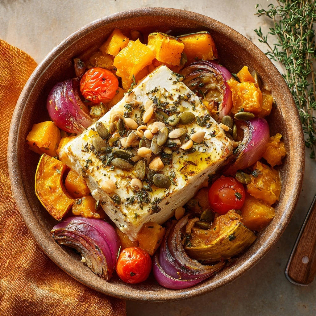 Cremiger Ofen Feta Mit Kuerbis Und Tomaten Draufsicht 1 Cremiger Ofen-Feta mit Kürbis und Tomaten, serviert in einer rustikalen Schale, präsentiert eine köstliche Draufsicht des fertigen Gerichts.