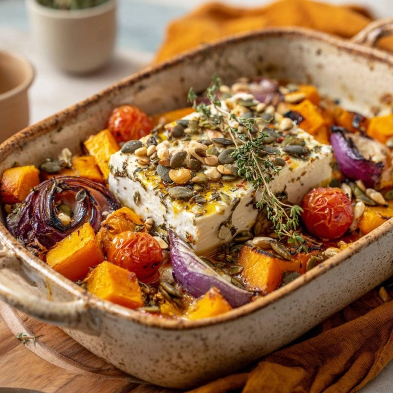 Cremiger Ofen-Feta mit Kürbis und Tomaten: Eine Nahaufnahme zeigt das Gericht in einer Auflaufform, garniert mit frischen Kräutern und Kernen.
