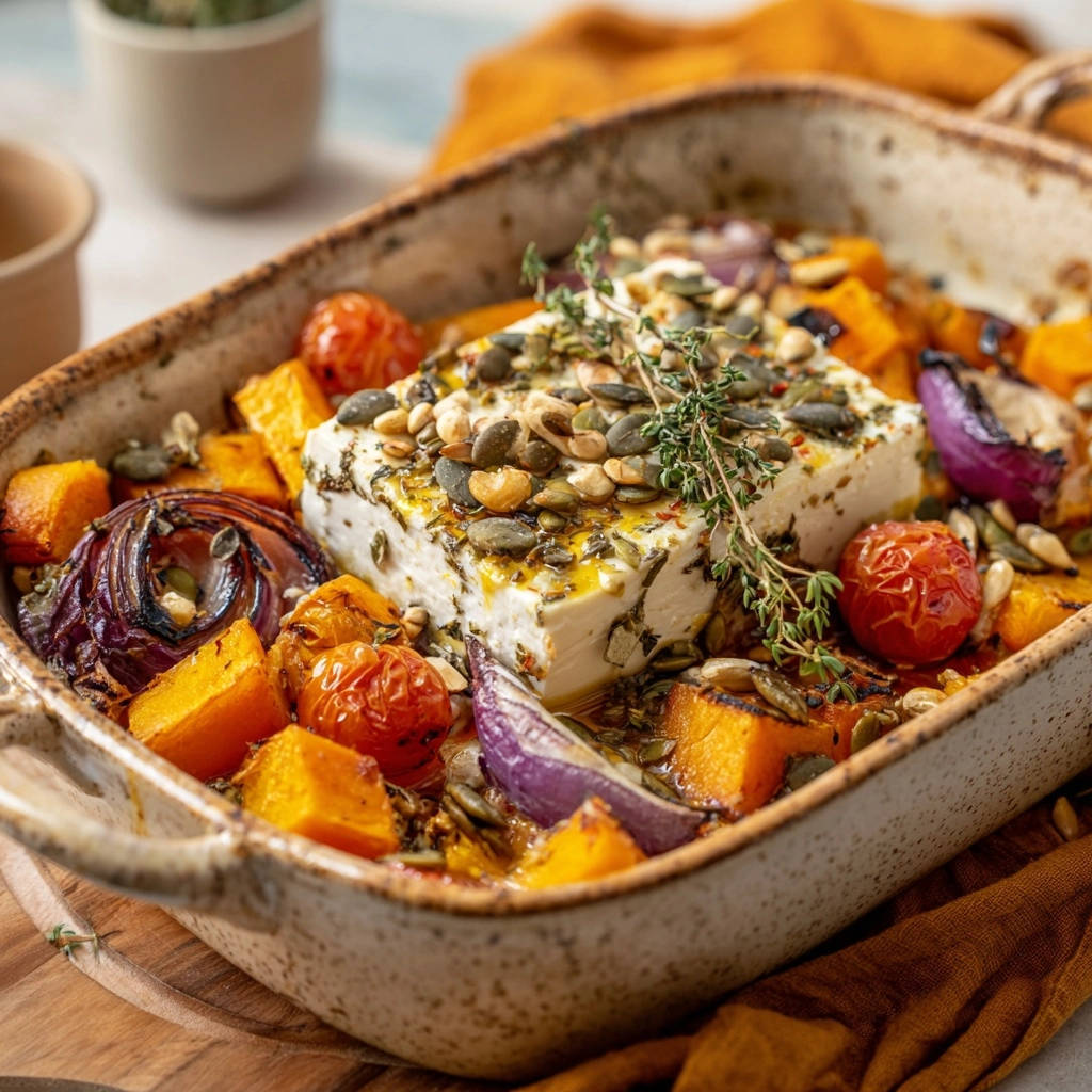 Cremiger Ofen-Feta mit Kürbis und Tomaten: Eine Nahaufnahme zeigt das Gericht in einer Auflaufform, garniert mit frischen Kräutern und Kernen.
