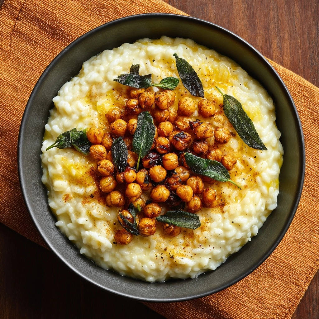 Cremiger Risotto Mit Kichererbsen Draufsicht 1 Cremiger Risotto mit knusprigen Kichererbsen und Salbei aus der Vogelperspektive, serviert in einer dunklen Schüssel auf einem orangefarbenen Untersetzer.