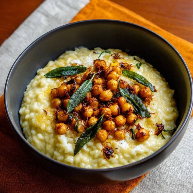 Cremiger Risotto mit knusprigen Kichererbsen und Salbei in einer dunklen Schüssel, von oben gesehen, serviert. Die cremige Textur lädt zum Genießen ein.
