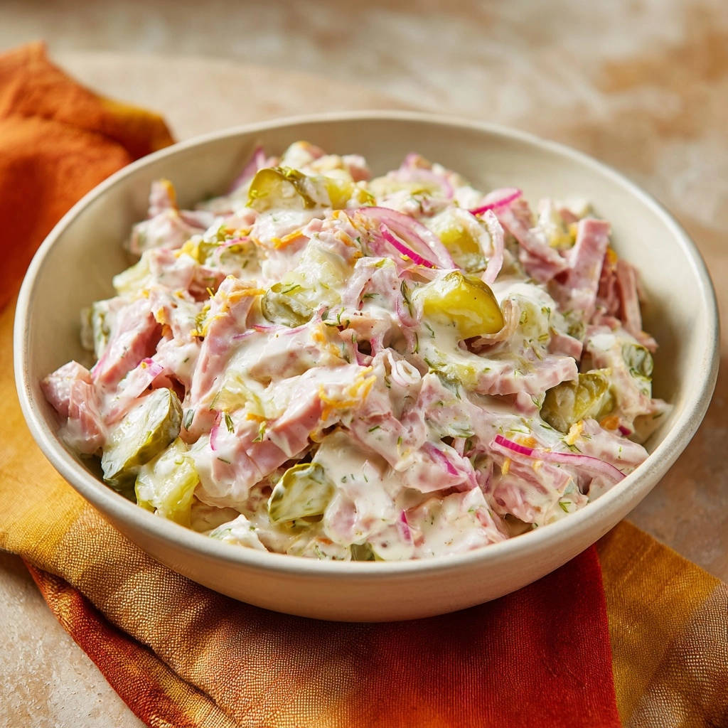 Cremiger Schinken-Gemüse-Salat in einer cremigen Soße, aus nächster Nähe betrachtet. Der Salat wird in einer Schüssel serviert und ist mit frischen Kräutern garniert.