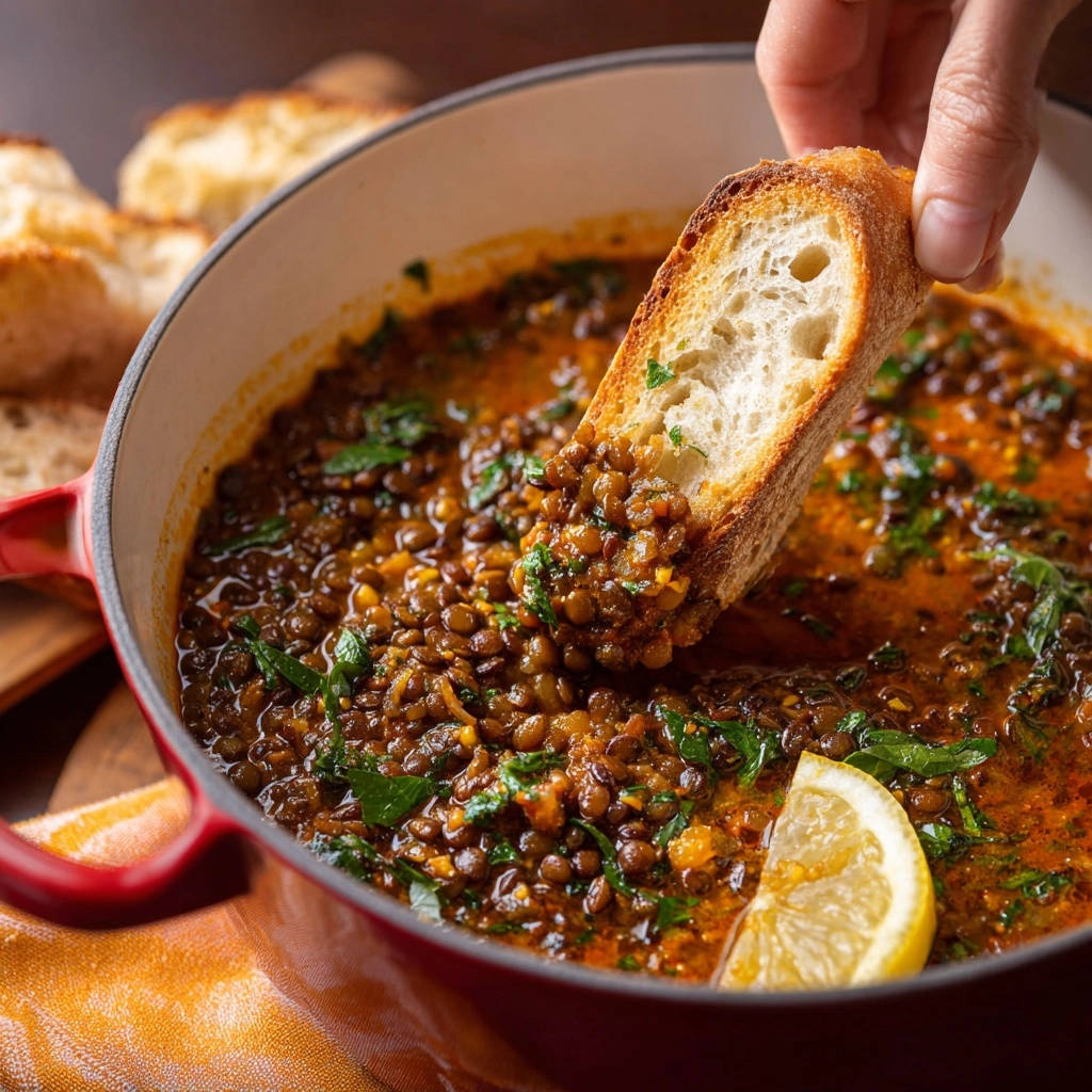 Cremiges Beluga Linsen Ragout Mit Brot Dippen 1 Cremiges Beluga Linsen Ragout mit knusprigem Brot zum Dippen, serviert in einem roten Topf, garniert mit frischer Petersilie.
