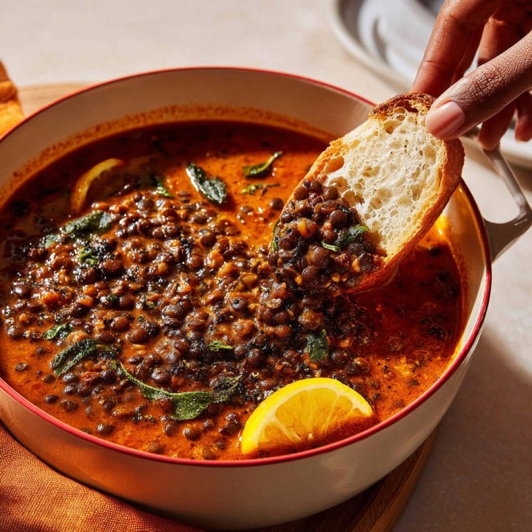 Cremiges Beluga Linsen Ragout mit knusprigem Brot, das in die herzhafte Sauce getunkt wird, ein Genuss für Feinschmecker.