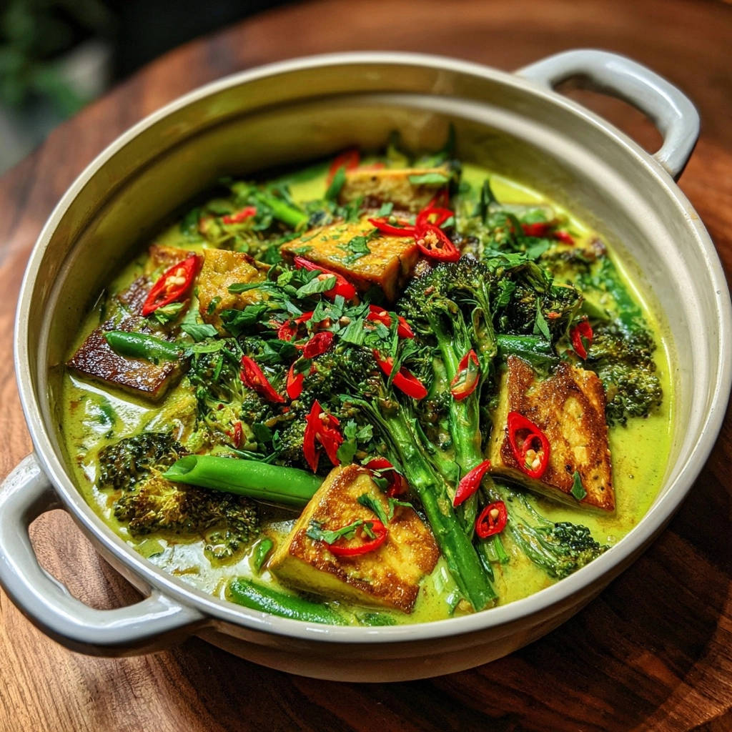 Cremiges Gruenes Curry Mit Krossem Tofu Draufsicht 1 Cremiges Grünes Curry mit krossem Tofu, serviert in einer rustikalen Schale, präsentiert eine verlockende Draufsicht auf das Gericht.