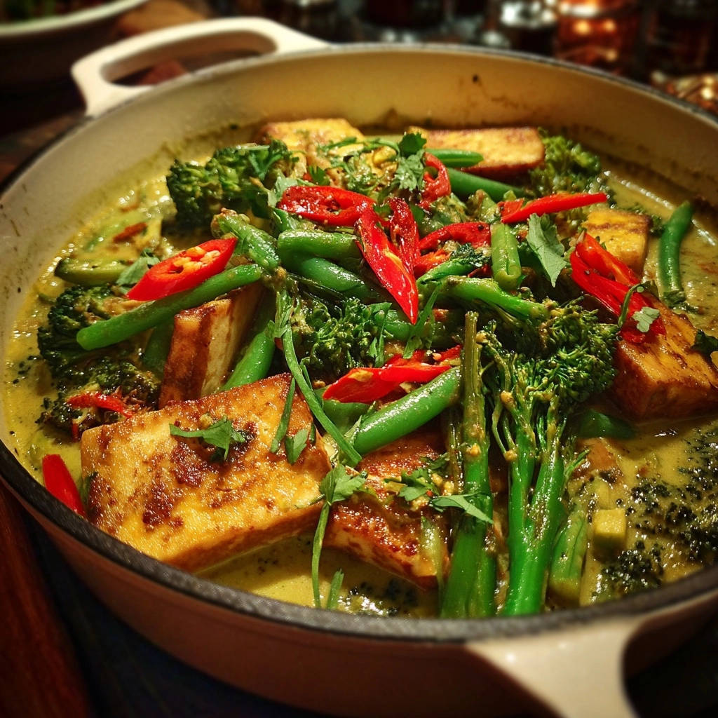 Cremiges Grünes Curry mit krossem Tofu & knackigem Broccolini in Nahaufnahme: Die knusprige Textur des Tofus, garniert mit frischen Chilis.