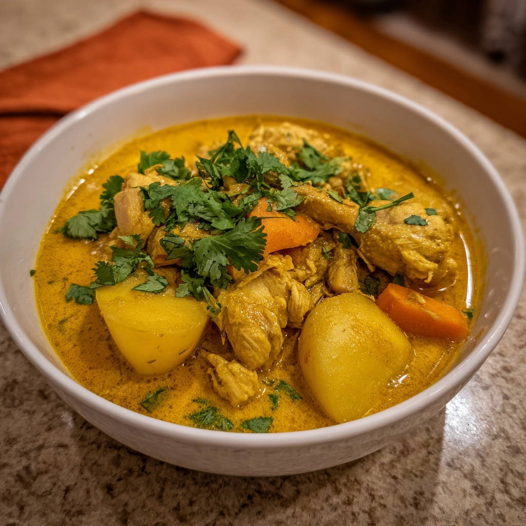 Cremiges Hähnchen-Curry mit Kartoffeln: Eine köstliche Draufsicht, garniert mit frischem Koriander, in einer weißen Schüssel serviert.