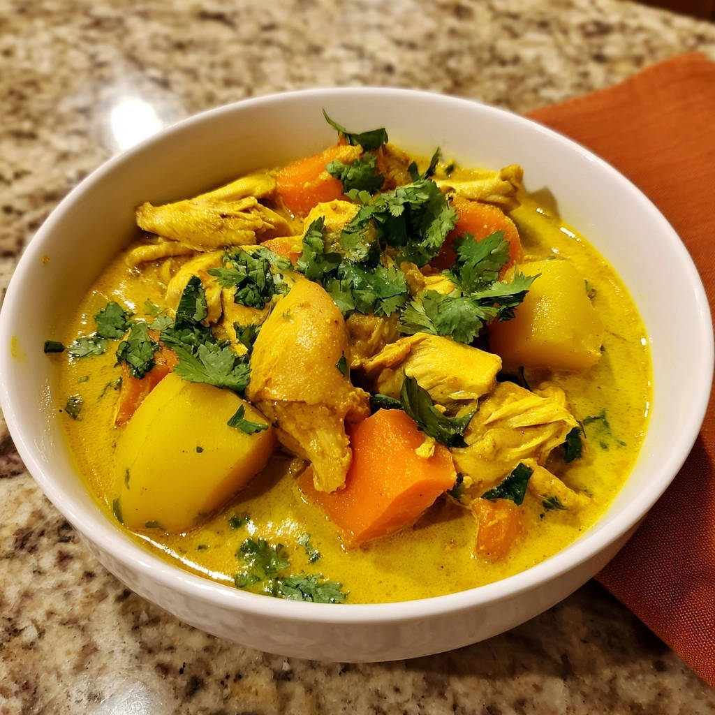 Cremiges Hahnchen Curry Mit Kartoffeln Serviert 1 Cremiges Hähnchen-Curry mit Kartoffeln serviert in einer weißen Schüssel, garniert mit frischem Koriander, bereit zum Genießen.